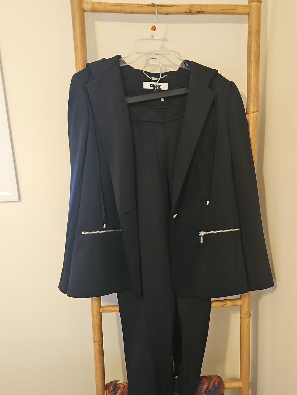 DKNY Black Hooded Blazer With Crop Pants with Silver Zippers